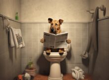 chien assis au toilette propreté