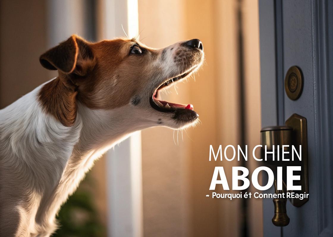 Chien brun et blanc aboyant intensément vers une porte avec un éclairage dramatique et un texte 'Mon chien aboie : pourquoi et comment réagir'