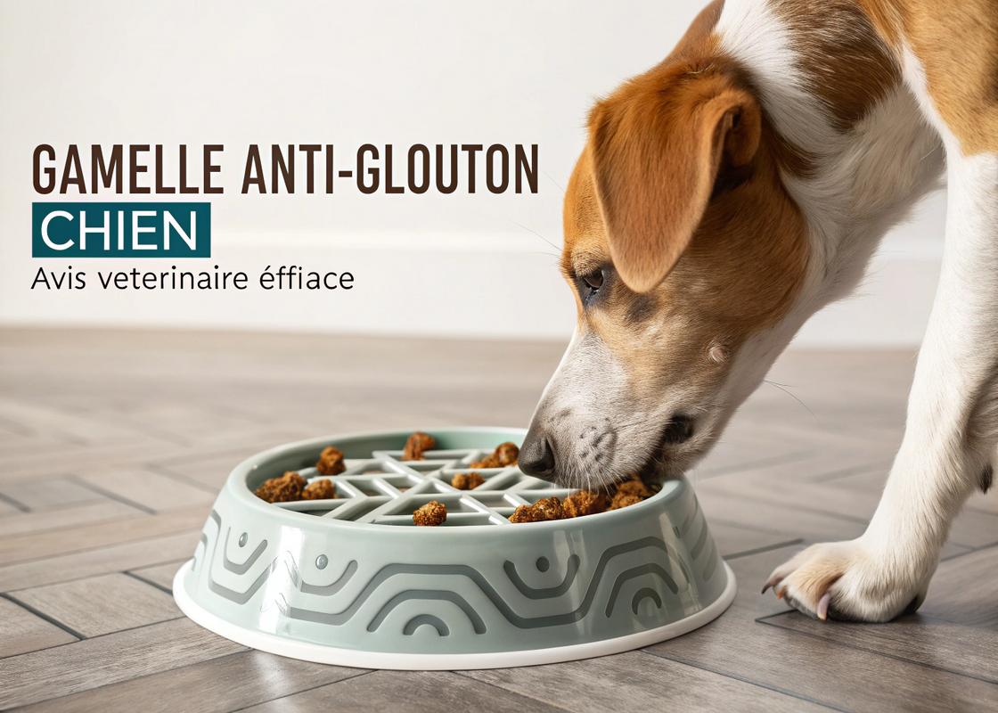 Un chien mangeant dans une gamelle anti-glouton avec des motifs labyrinthiques sous un éclairage cinématographique et le texte 'Gamelle anti-glouton chien : avis vétérinaire efficace'