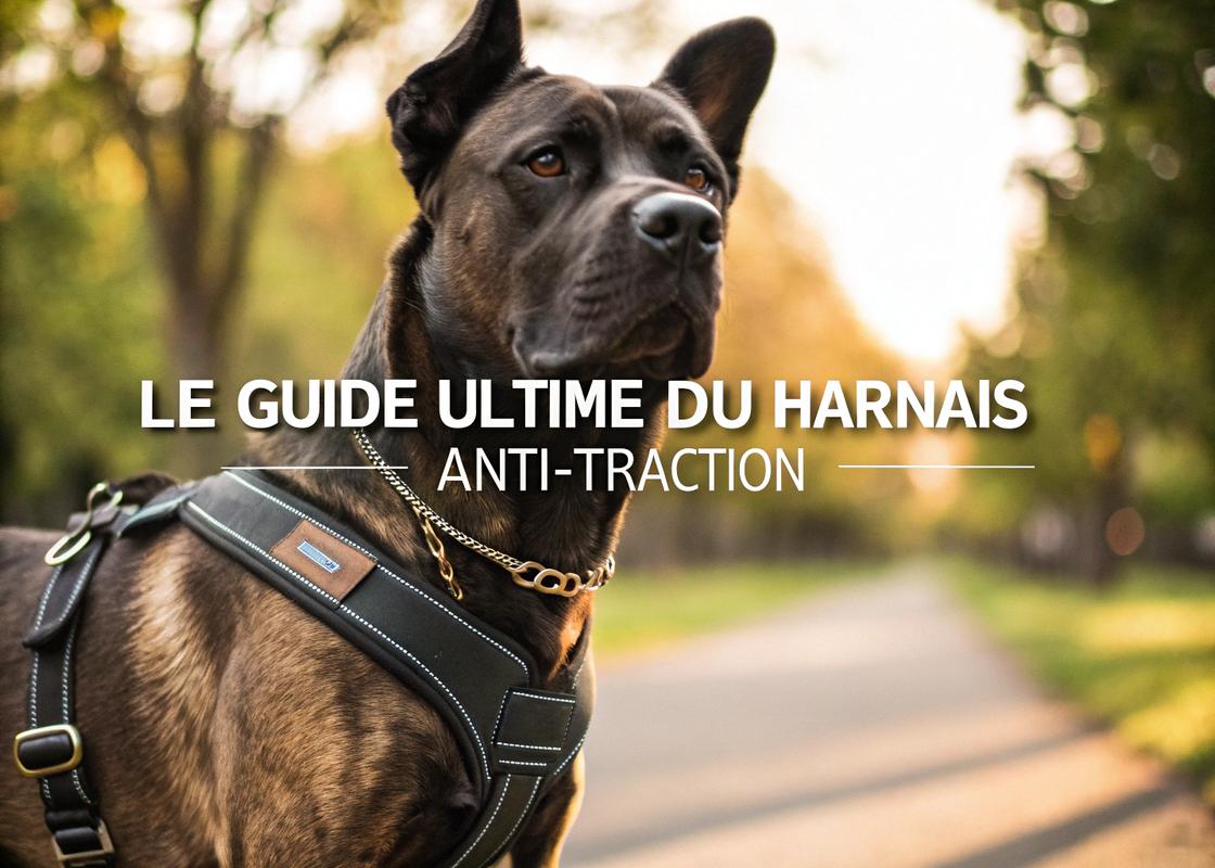 Chien de grande taille portant un harnais anti-traction bien ajusté, dans un parc avec un texte intégré 'Le guide ultime du harnais anti-traction'