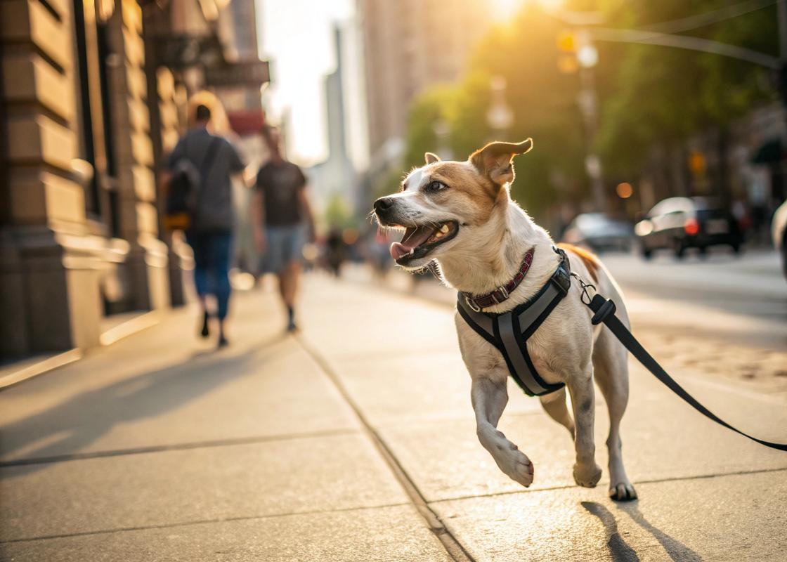 Chien marchant joyeusement sur une rue ensoleillée, équipé d'un harnais renforcé avec fixation frontale, dans un style photoréaliste légèrement flouté pour plus de dynamisme.