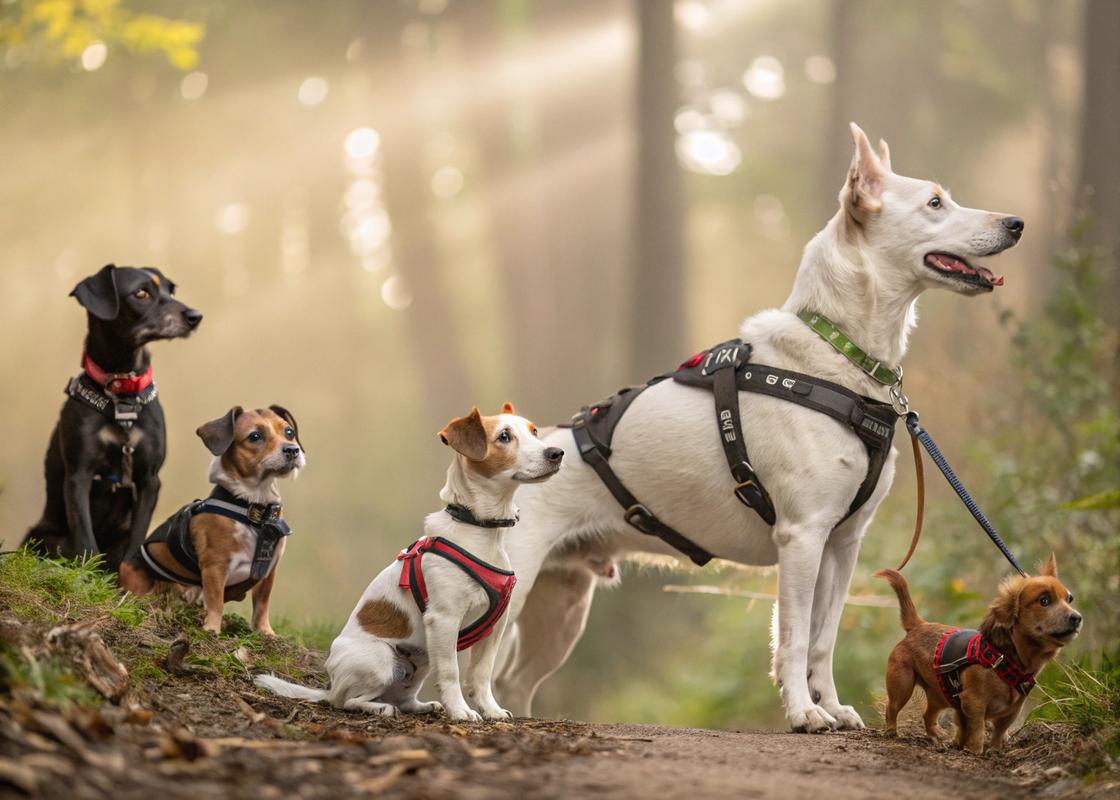 Collage montrant des chiens de différentes tailles portant des harnais anti-traction variés dans un environnement forestier éclairé naturellement.