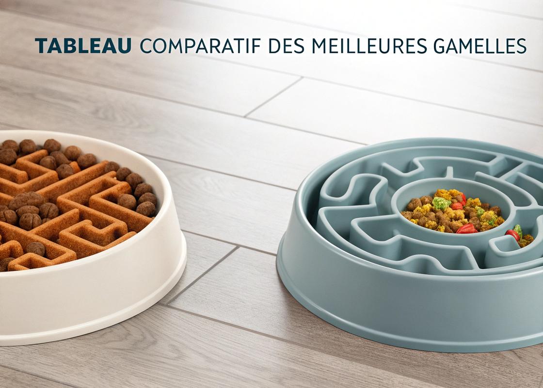 Comparaison côte à côte de gamelles pour chien, montrant une gamelle anti-glouton avec structures en labyrinthe et une gamelle classique, sous un éclairage réaliste avec texte en français 'Tableau comparatif des meilleures gamelles' en style infographique