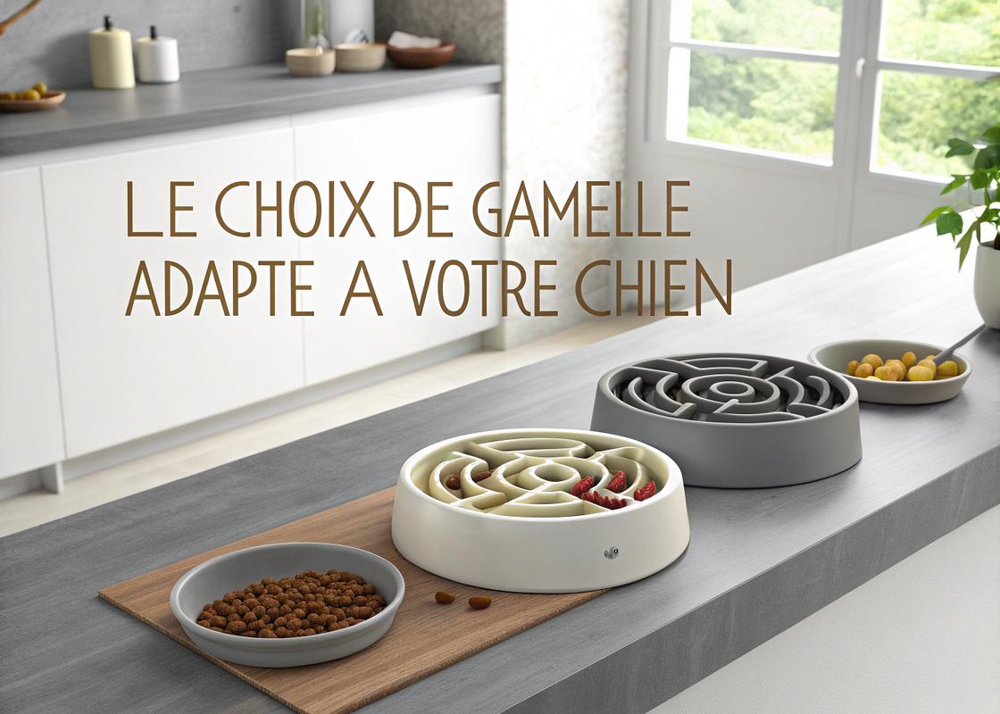 Une table de cuisine moderne présentant différents modèles de gamelles anti-gulpement pour chiens, sous un doux éclairage naturel, avec du texte en français 'Le choix de gamelle adapté à votre chien' stylisé