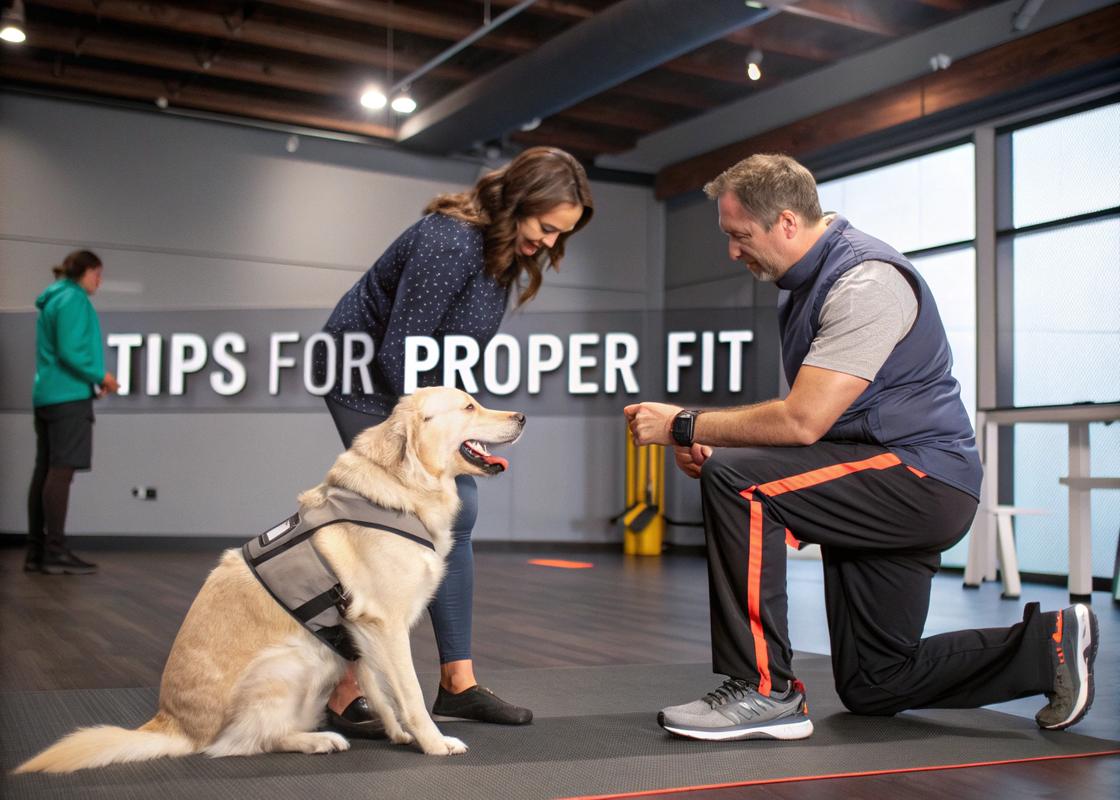 Un dresseur professionnel montre à un propriétaire de chien comment ajuster un harnais rembourré sur un chien de grande race, avec des graphiques instructifs 'Conseils pour un bon ajustement' en surimpression, dans un centre de formation pour animaux.