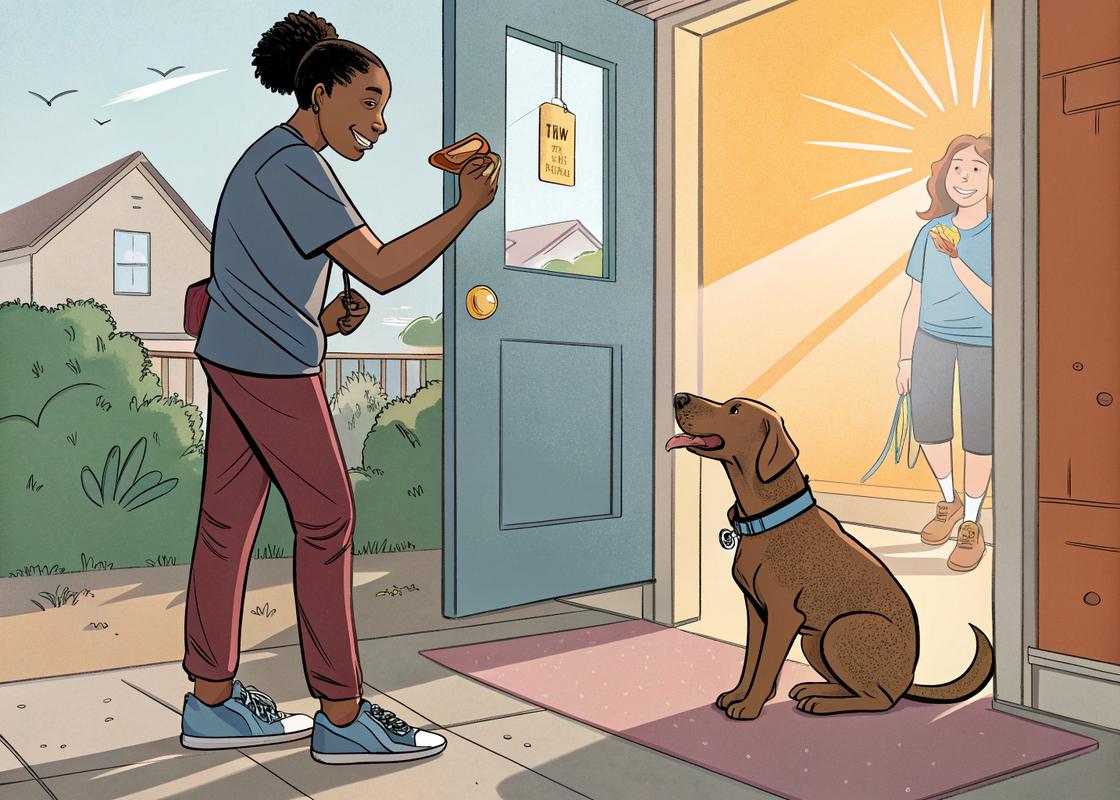 Un propriétaire de chien, avec une posture rassurante, gère calmement les aboiements de son chien dirigés vers une porte, dans une ambiance intérieure chaleureuse et éclairée.
