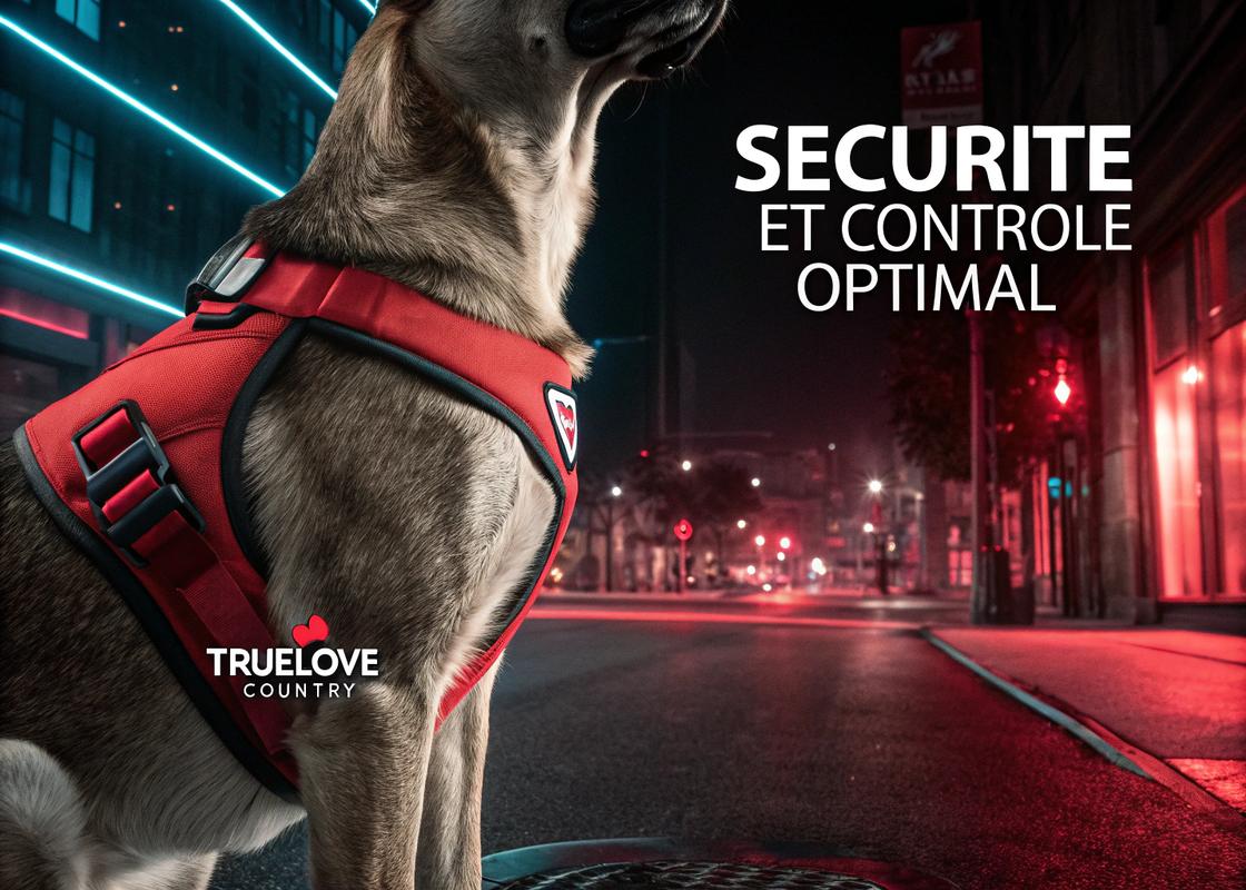 Harnais Truelove Country rouge pour chien avec fermeture rapide et bandes réfléchissantes, dans un décor urbain futuriste au style cyberpunk