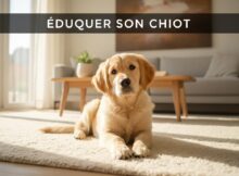 Chiot Golden Retriever assis sur un tapis beige dans un salon moderne et lumineux avec le texte ÉDUQUER SON CHIOT visible à côté.