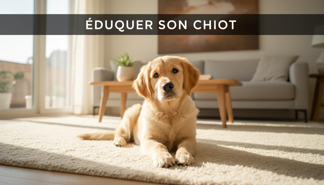 Chiot Golden Retriever assis sur un tapis beige dans un salon moderne et lumineux avec le texte ÉDUQUER SON CHIOT visible à côté.