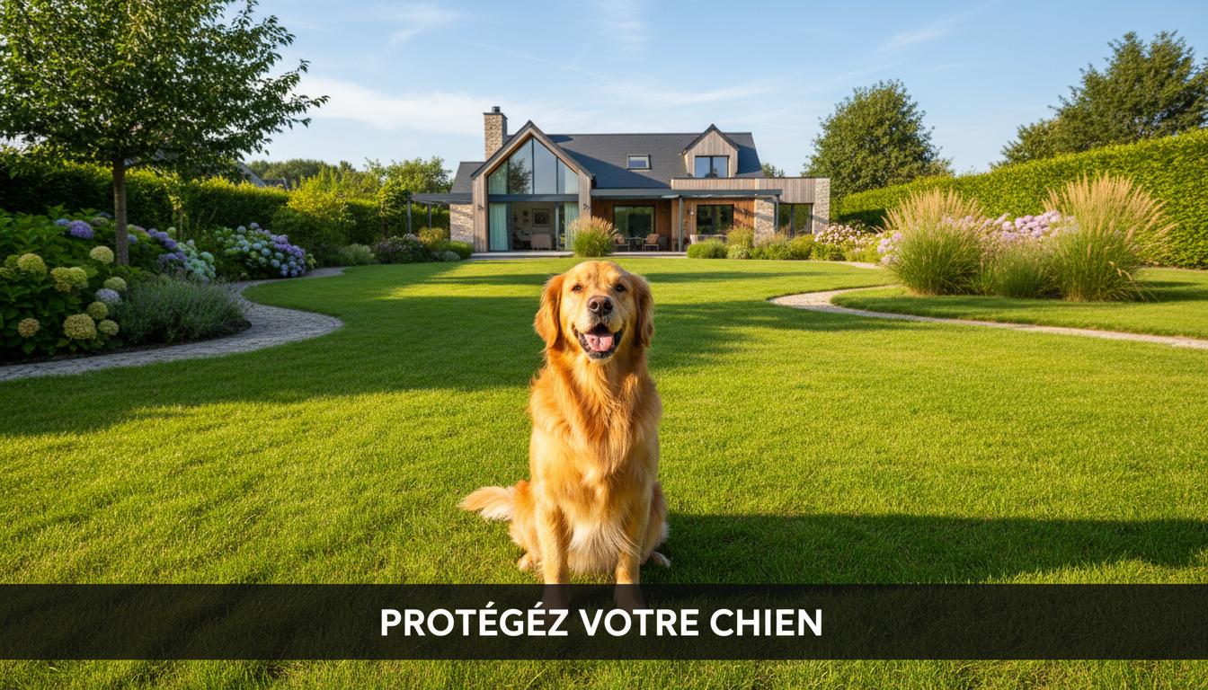 Un Golden Retriever assis calmement dans un jardin ensoleillé devant une maison moderne avec le message PROTÉGEZ VOTRE CHIEN en bas de l'image.